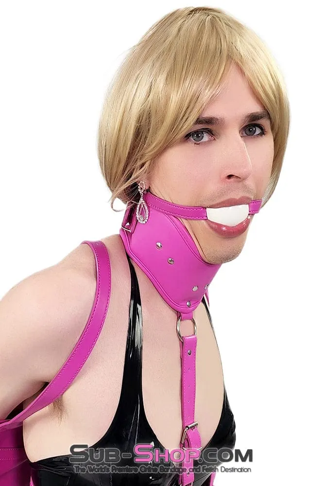 0614DL-SIS      Large White Rubber Ballgag Fetish Services on Hot Pink Pretty Sissy Strap