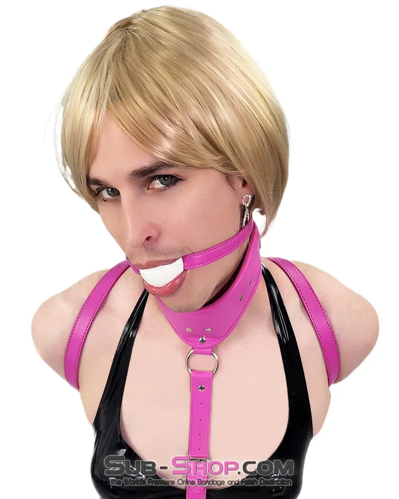 0614DL-SIS      Large White Rubber Ballgag Fetish Services on Hot Pink Pretty Sissy Strap