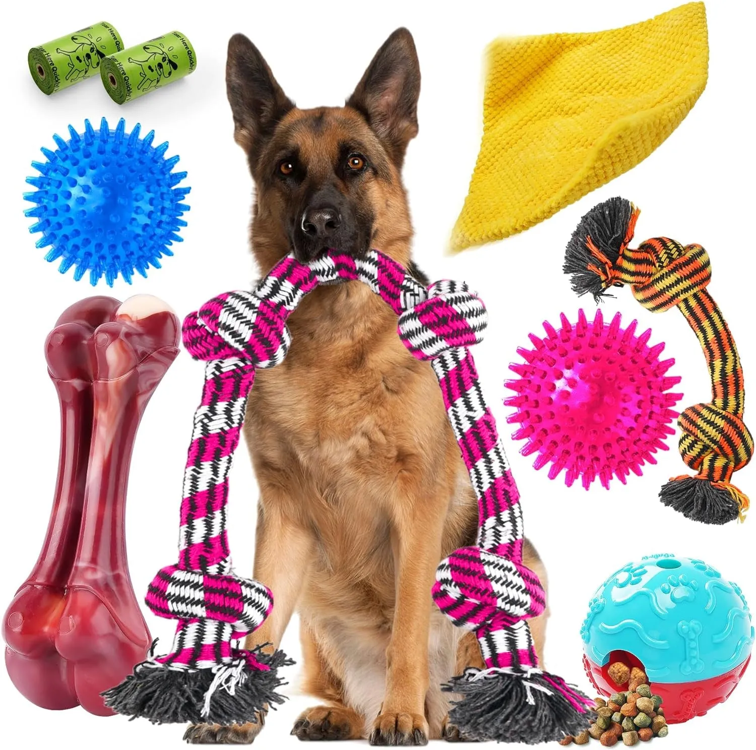 9 Pack Heavy Duty Various Dog Chew Toys Pack for Aggressive Chewers - Includes Large Rope Toys, Squeaky Toys & Indestructible Chew Bone for Medium, Large & X-Large Breeds Dogs