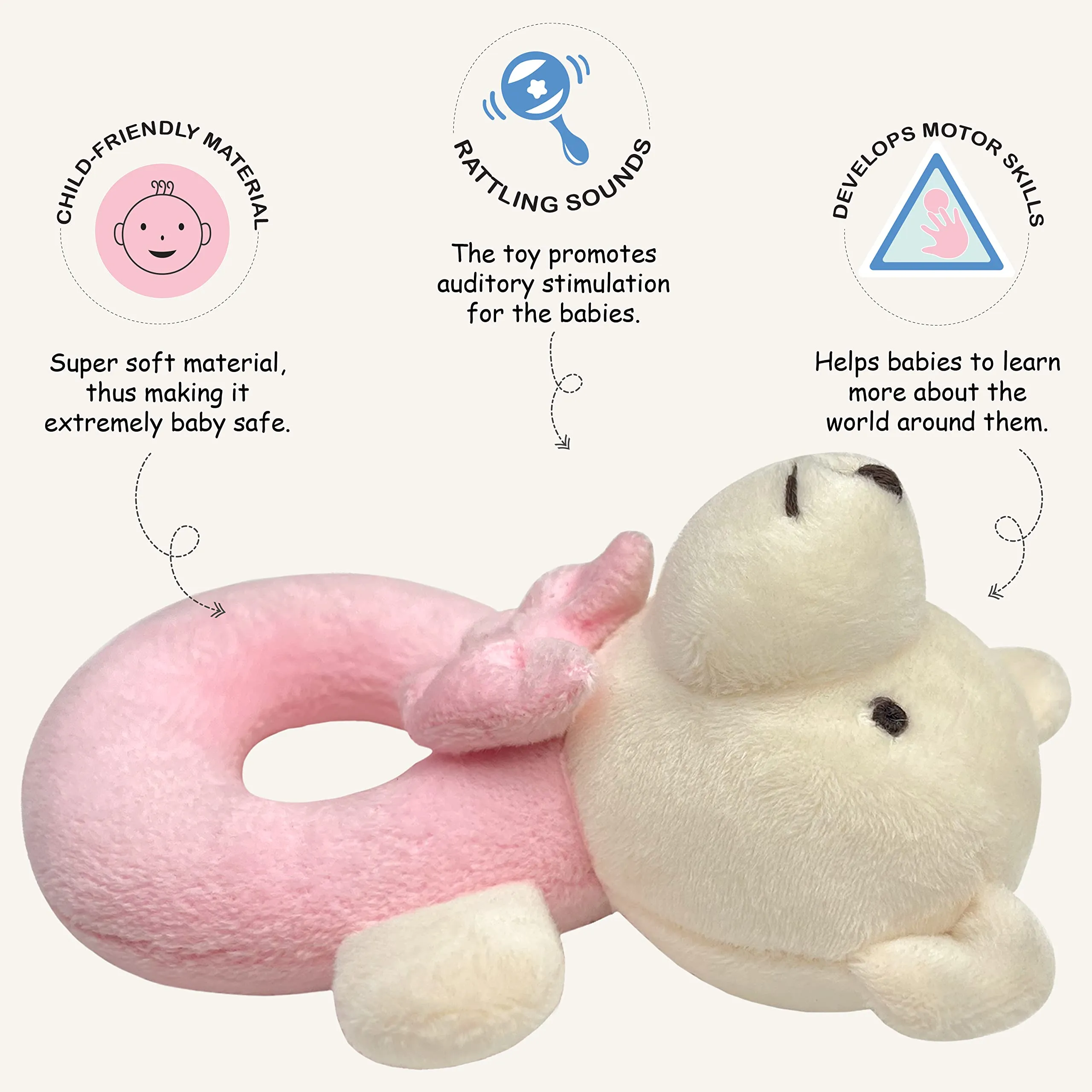 abracadabra Polyester Ring Rattle Toy For Newborns & Babies-Develops Sight, Sound & Motor Skills (0-24 Months, Bear Pink, 14 X 11 X 7 Cm)