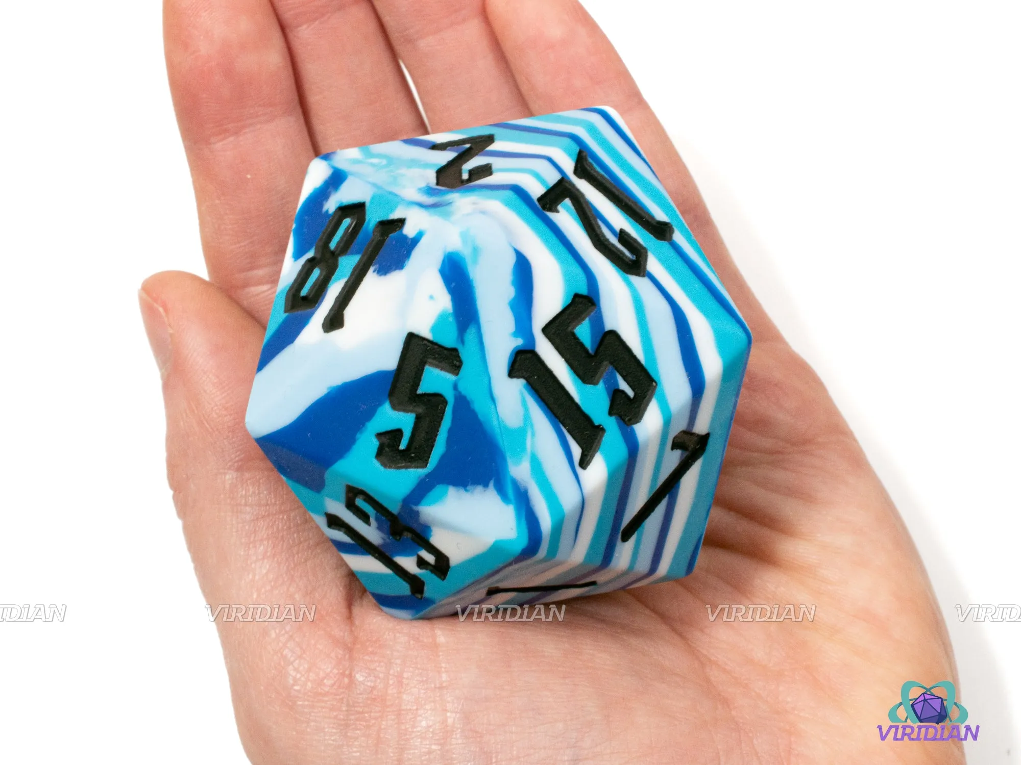 Arctic Camouflage (Silicone) | Blue, White and Aqua w Black Numbers | 55mm Rubber Silicone Bouncy | Giant D20 Die (1)