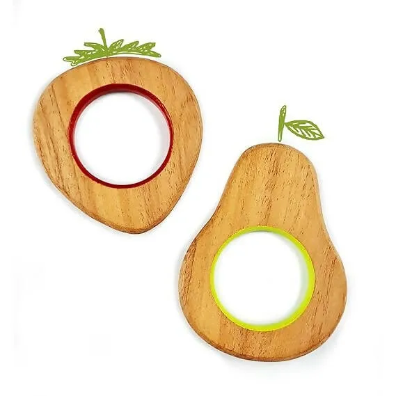 Babycov Fruit Shape Colorful Neem Wood Teethers for Babies | Pear & Strawberry | Child Safe Teether | Set of 2 | Wooden Teethers