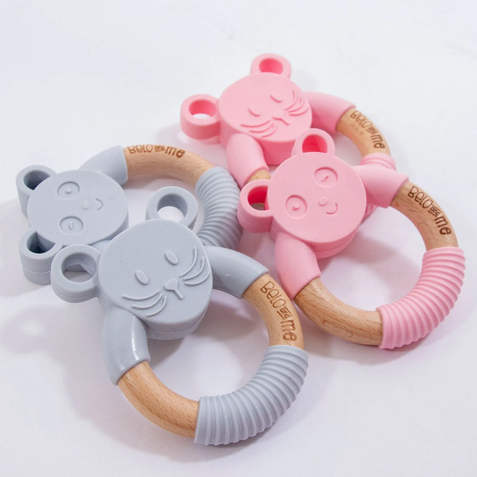 Belo&Me Monty Mouse Animal Wood Teether - Pink