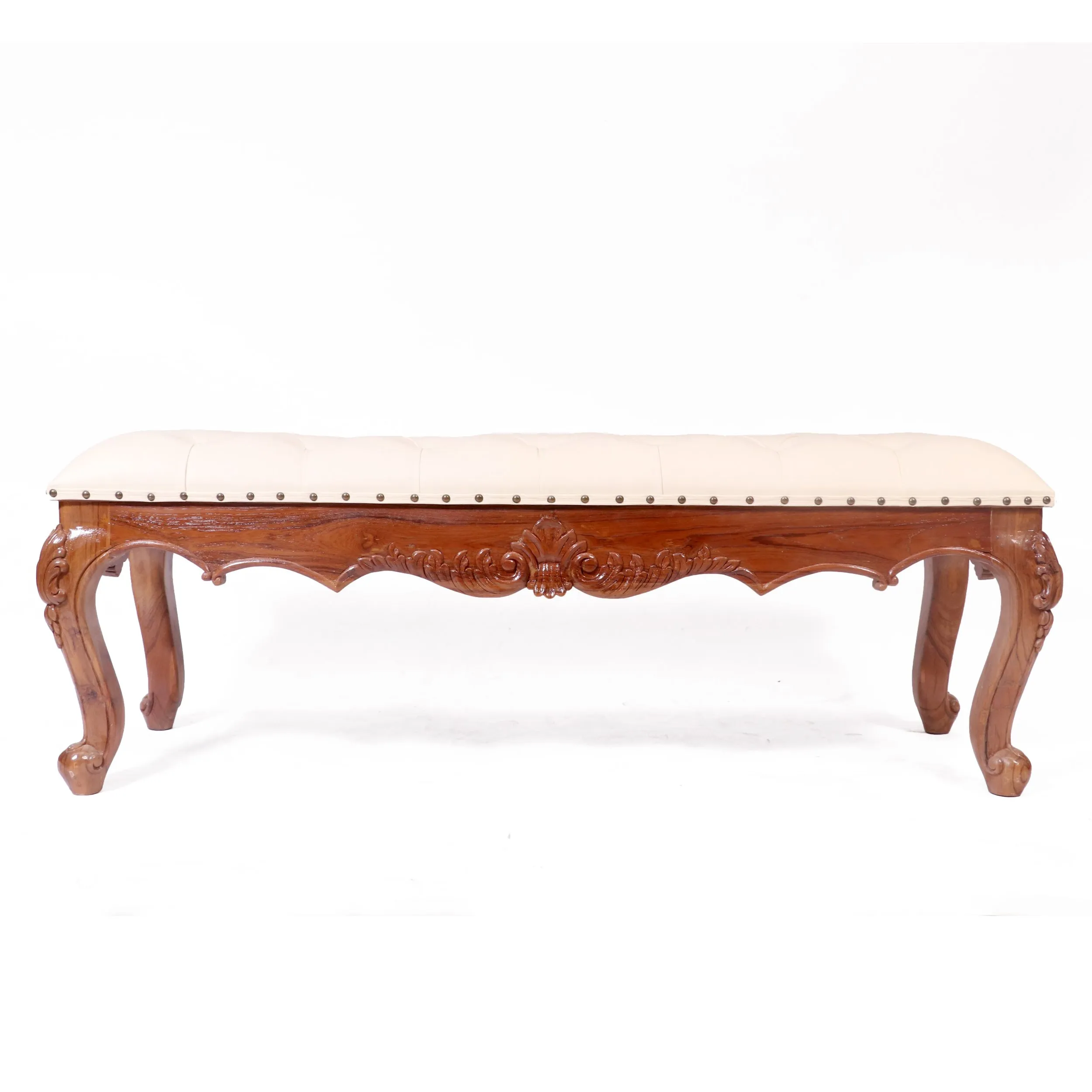 Solid Teak Royal Carved Bench with Cushion