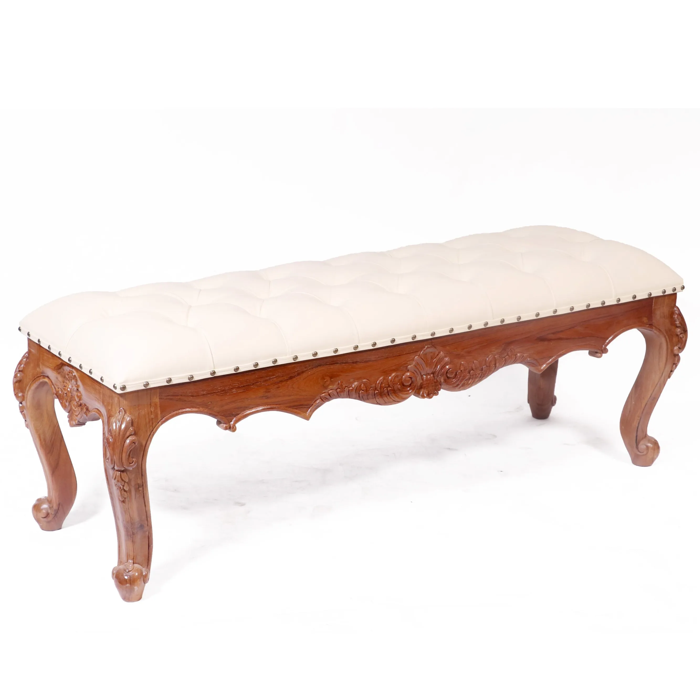 Solid Teak Royal Carved Bench with Cushion