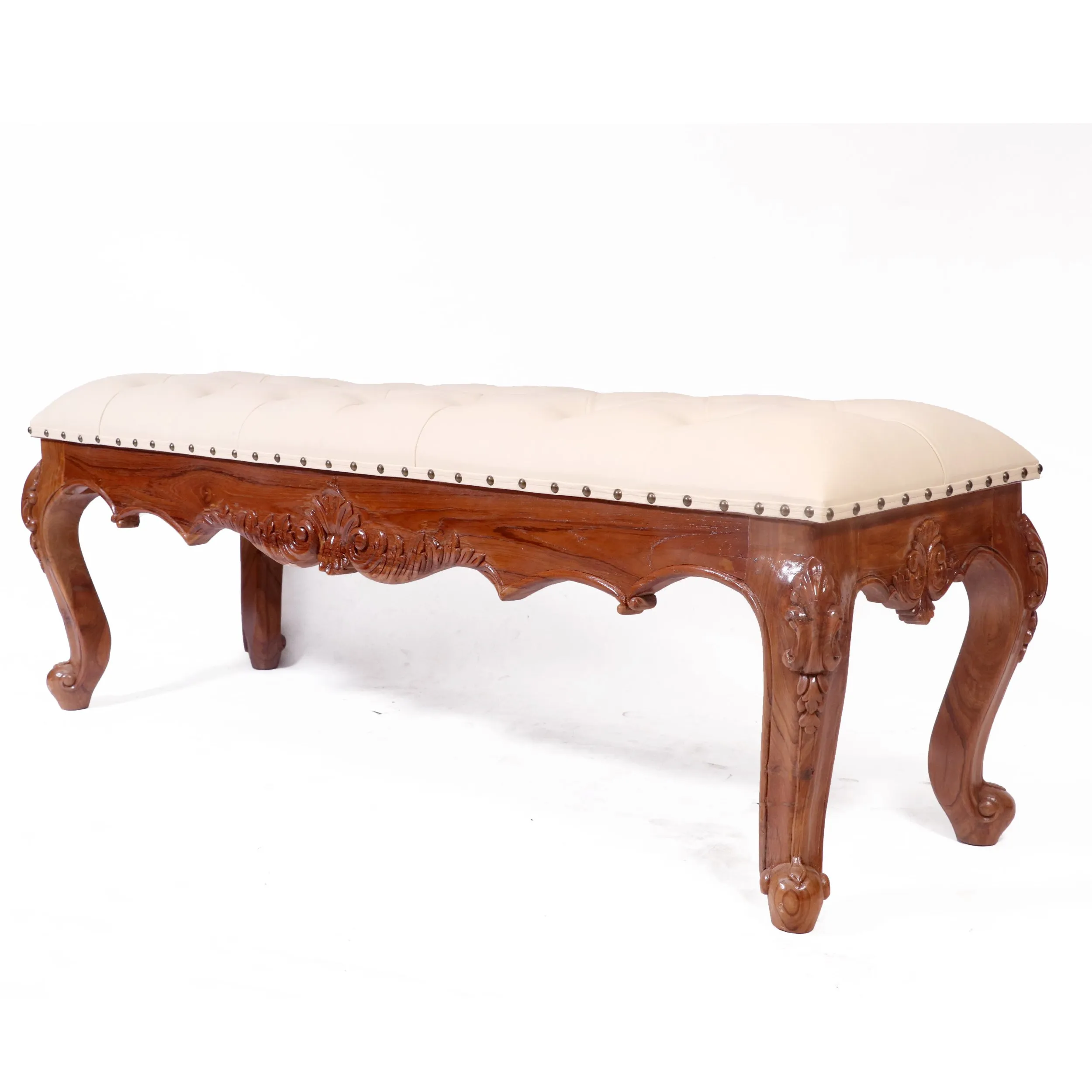 Solid Teak Royal Carved Bench with Cushion