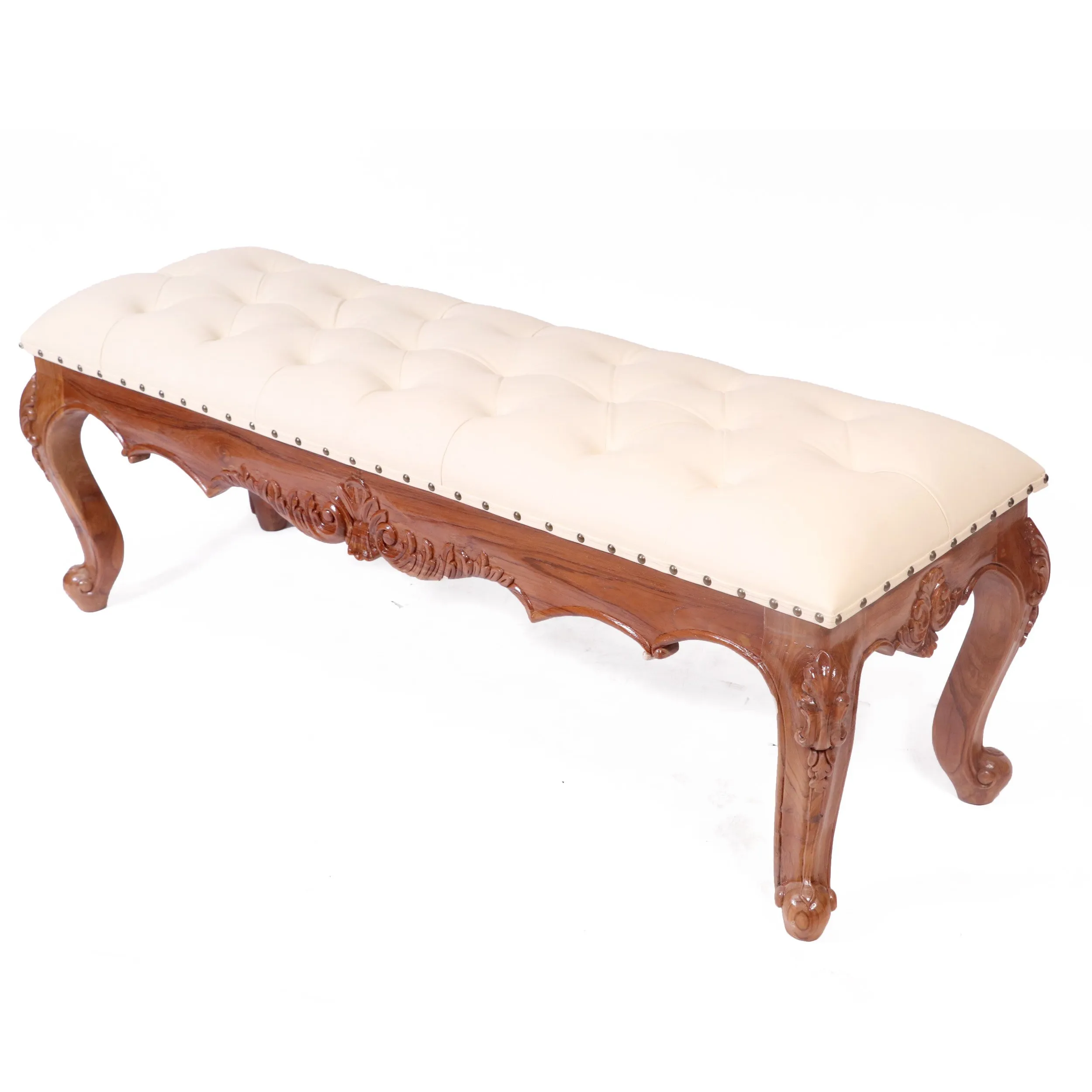 Solid Teak Royal Carved Bench with Cushion